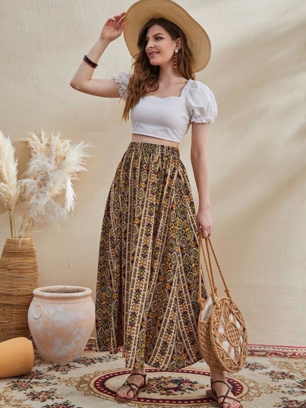 SHEIN Yellow & Brown Tribal Print Maxi Skirt